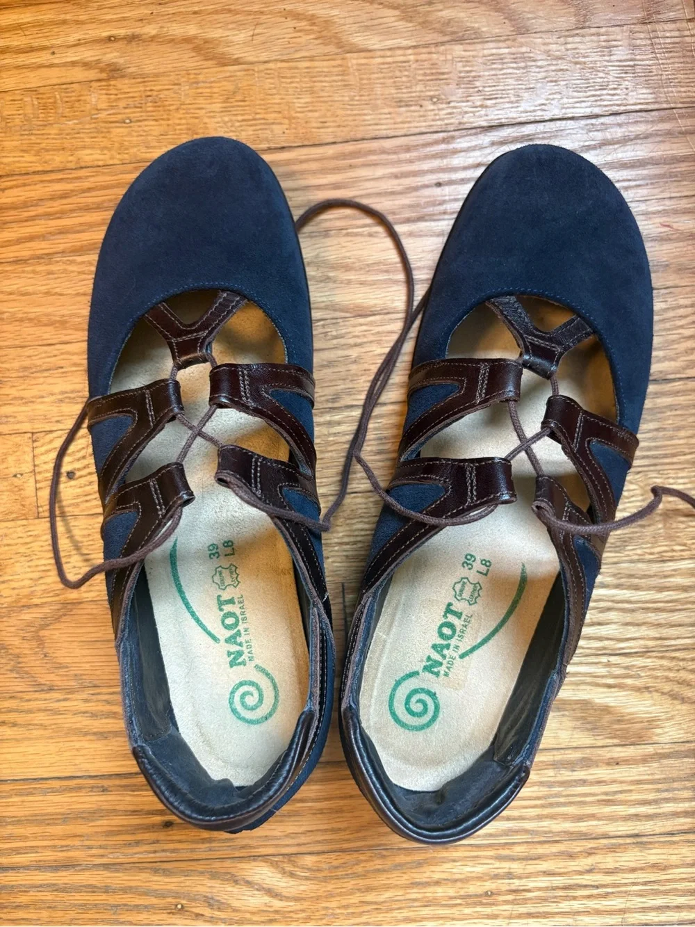 Naot Navy Blue Suede and Brown Leather Lace-Up Flats